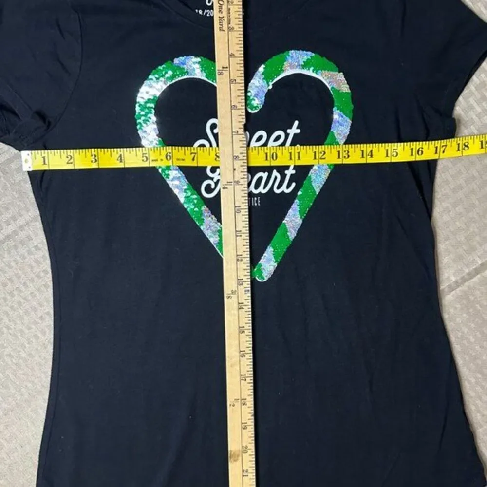 Justice Black Candy Cane Sequined Sweet Heart T Shirt Size 18/20